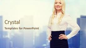  Presentation with city tranffic jams - Presentation theme featuring women formal wear office - smiling businesswoman or secretary background and a cream colored foreground