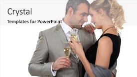  Presentation with champagne - Audience pleasing slide deck consisting of formal women dress - couple dancing with glasses backdrop and a light gray colored foreground