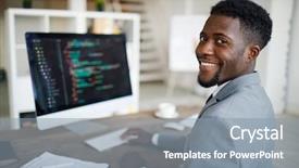  Presentation with developer - Colorful presentation theme enhanced with happy young african-american software backdrop and a gray colored foreground