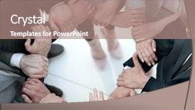  Presentation with circle - Beautiful presentation design featuring forms communication - group of employees forming backdrop and a coral colored foreground