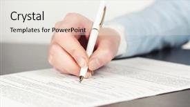  Presentation with contract - Slides with forms filling - business woman signing contract background and a white colored foreground