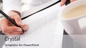  Presentation with pen - Slide deck with forms filling - close-up of businesswoman s hand background and a white colored foreground