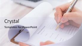  Presentation with application - Cool new PPT theme with forms filling - hand with pen over application backdrop and a lemonade colored foreground