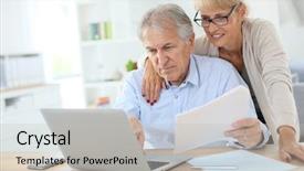  Presentation with income tax - Slides enhanced with forms filling - senior couple doing the income background and a light gray colored foreground