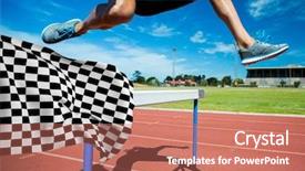  Presentation with finish line - Slide set with formula 1 racing - athlete jumping over hurdles background and a coral colored foreground