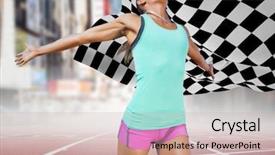  Presentation with checkered flag - Cool new slides with formula 1 racing - digital composite of female runner backdrop and a soft green colored foreground