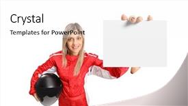  Presentation with driver - Colorful PPT layouts enhanced with formula 1 racing - female race driver holding backdrop and a white colored foreground
