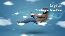  Presentation with vape concept smoke clouds - Colorful presentation design enhanced with formula car - funny racedriver young man driving backdrop and a teal colored foreground