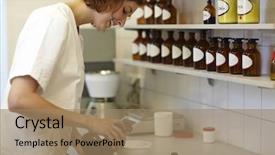  Presentation with pharmacist - Theme having formulation - female pharmacist mixing drug ingredients background and a coral colored foreground