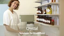  Presentation with pharmacist - Audience pleasing presentation theme consisting of formulation - happy female pharmacist preparing medication backdrop and a coral colored foreground