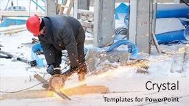  Presentation with worker - Amazing theme having formwork construction - worker in workwear cutting metal backdrop and a lemonade colored foreground