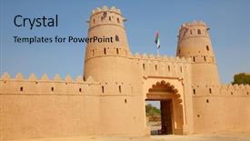  Presentation with oasis - Presentation design featuring fort in al ain oasis background and a teal colored foreground