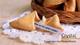  Presentation with fortune teller - Amazing PPT layouts having fortune cookies on wooden table backdrop and a coral colored foreground