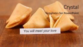  Presentation with fortune cookie game - Beautiful presentation theme featuring fortune cookies on wooden table backdrop and a coral colored foreground