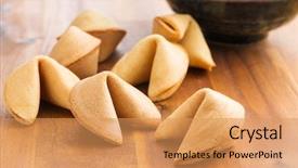  Presentation with cookies - Audience pleasing slide deck consisting of fortune cookies on wooden table backdrop and a coral colored foreground