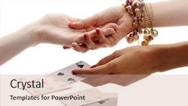  Presentation with woman hands raised to sky - Theme featuring fortune telling - reading the lines hand background and a coral colored foreground