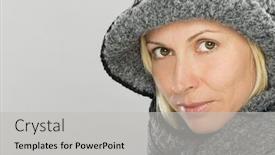  Presentation with old clothes - Cool new PPT theme with forty years old nice woman in winter clothes backdrop and a light gray colored foreground