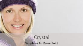  Presentation with old clothes - PPT theme featuring forty years old nice woman in winter clothes background and a light gray colored foreground