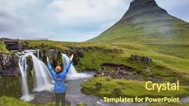  Presentation with waterfall woman - Amazing presentation design having fosseis - middle-aged woman tourist admires backdrop and a  colored foreground