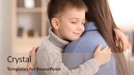  Presentation with child adoption - Slides consisting of foster - woman hugging little boy indoors background and a coral colored foreground