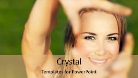  Presentation with focus group hands taking notes - Audience pleasing presentation theme consisting of foto film - pretty girl having fun outdoor backdrop and a coral colored foreground