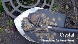  Presentation with metal detector - Audience pleasing PPT layouts consisting of found with metal detector near backdrop and a dark gray colored foreground