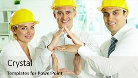  Presentation with architects - Slides with foundation company - group of smiling architects background and a  colored foreground