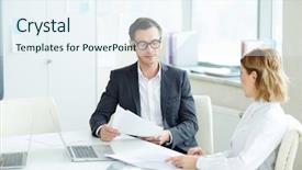  Presentation with documentation - Slide deck enhanced with foundation company - man and woman in official background and a sky blue colored foreground