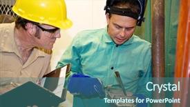  Presentation with industry safety - Colorful PPT layouts enhanced with foundry - welder hammering metal backdrop and a ocean colored foreground