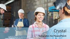  Presentation with apprentice - Colorful PPT theme enhanced with foundry - young woman as trainee backdrop and a light blue colored foreground