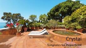  Presentation with sea - Audience pleasing PPT theme consisting of fountain living water - outside exterior with sea view backdrop and a coral colored foreground