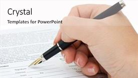  Presentation with fountain pen - Audience pleasing PPT theme consisting of fountain pen and a document backdrop and a sky blue colored foreground