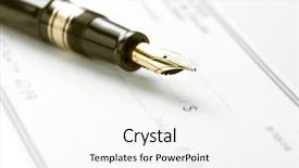  Presentation with fountain pen - PPT theme featuring fountain pen on blank check background and a sky blue colored foreground