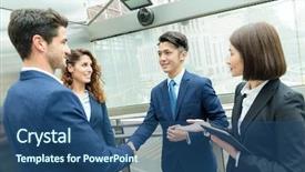  Presentation with group - Presentation consisting of four agreements - group of business people discuss background and a ocean colored foreground