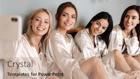  Presentation with women - Amazing slide set having four-attractive-young-women-wearing backdrop and a coral colored foreground