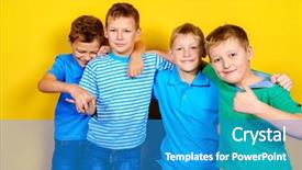  Presentation with bright yellow - Audience pleasing slide deck consisting of four boys best friends standing backdrop and a teal colored foreground