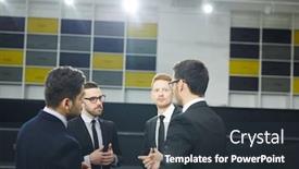  Presentation with sharing - Beautiful slides featuring four brokers in formalwear sharing their ideas and opinions about reports of conference backdrop and a tawny brown colored foreground