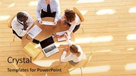  Presentation with team meeting - Audience pleasing PPT layouts consisting of four business colleagues backdrop and a yellow colored foreground