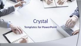  Presentation with meeting table - Presentation design featuring four business people around table background and a sky blue colored foreground