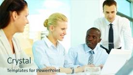  Presentation with blue and orange business people - PPT theme with four business people discussing affairs background and a cool aqua colored foreground