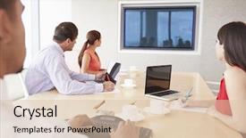  Presentation with video conference - PPT layouts enhanced with four businesspeople having video conference background and a lemonade colored foreground