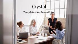  Presentation with meeting pov - Cool new slide deck with four businesswomen in meeting seen backdrop and a white colored foreground