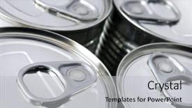  Presentation with food supply - Audience pleasing slide deck consisting of four cans of conserved food backdrop and a light gray colored foreground
