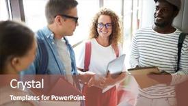  Presentation with intercultural - Presentation theme with four casual intercultural college friends background and a coral colored foreground