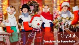  Presentation with miracles - Presentation with four cheerful children in winter clothes and accessories stand near the house decorated for christmas time for miracles merry christmas and happy new year background and a tawny brown colored foreground