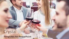  Presentation with people enjoying - Presentation design consisting of four-cheerful-people-enjoying-drink background and a coral colored foreground