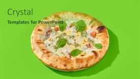  Presentation with modern food - Slide set with four-cheese-pizza-with-tomatoes background and a  colored foreground