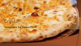  Presentation with wood board - Colorful slide set enhanced with four cheeses pizza baked in wood-fried oven close-up on serving board backdrop and a yellow colored foreground