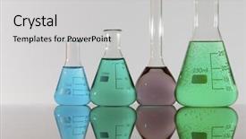  Presentation with flasks - Presentation theme having four chemical laboratory flasks with colored liquid background and a light gray colored foreground