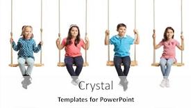  Presentation with children - Slide set enhanced with four children sitting on swings isolated on white background background and a white colored foreground